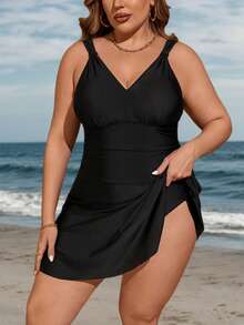 Swim Lushoire Summer Beach Plus Size One Piece Swimsuit - Black - View 5