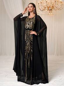 YISIKADO Elegantes Damen Langarm Chiffon Abaya mit kontrastierenden Pailletten-Verzierungen, Rundhalsausschnitt, bodenlang