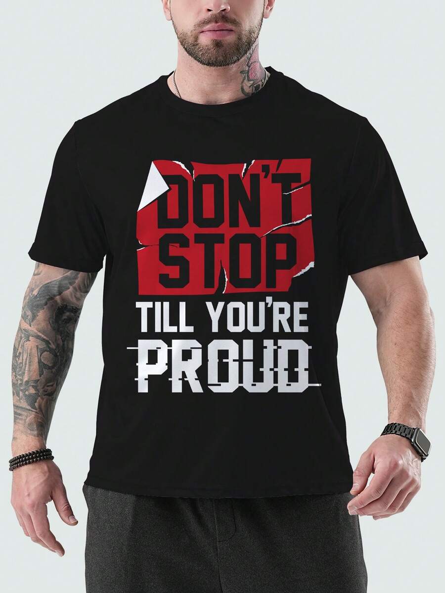 Zero limit Plus Size Men's Motivational Slogan Printed Short Sleeve T-Shirt, Casual Outdoor Sports Running Basketball Soccer Fitness Workout Tee, Gift For Boyfriend Or Father - Black - View 1