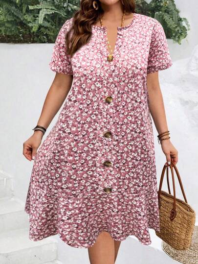 Ladies' Plus Size Curve Elegant Ditsy Floral Short Sleeved Button Dress, Comfortable Women's Casual Dress, Suitable For Summer