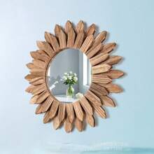 1 Stück Spiegel im böhmischen Sonnenblumen-Stil mit 1 Stück rundem Holzrahmen, Retro-Stil Wandspiegel für Eingangsbereich, Schlafzimmer oder Wohnzimmer, böhmische Heimdekoration