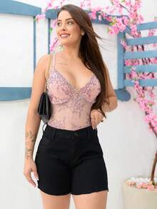 Mid-Thigh Denim Shorts With Spandex High Waist Frayed Hem Women's Clothing - ĐEN XÉO - Xem 3