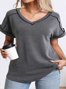 Plus Size Women's Summer Tops V Neck T-Shirt Ribbed Cap Short Sleeve Casual Blouse