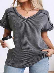 Plus Size Women's Summer Tops V Neck T-Shirt Ribbed Cap Short Sleeve Casual Blouse