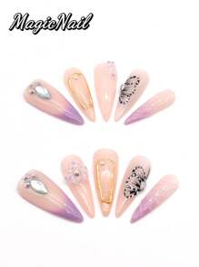 10 Pieces Of Pure Hand-Pressed Wearable Nails, Press On Nails,Nail Supplies,Nails Ptess On,Beach Essentials,33mm Long Nail Pieces, Pink And White Purple Gradient, Hand-Painted Black Butterfly Wing Patterns, Hand-Made Raised Flowers Purple Rhinestone Stamens, Other Aquatic Animal Footprints, Raised Lines To Decorate The Nail Surface. Spring And Summer Style, Cute Nail Plate, Can Be Worn Repeatedly. Suitable For Daily Leisure And Vacation Wear.