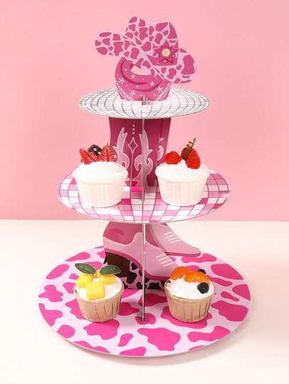 1Set 3 Tiers Pink Cowgirl Cupcake Cake Stand,West Cowboy Theme Birthday Party Decoration,Cardboard Cupcake Stand Holder,Disco Style,Cupcake Tower Dessert Holder,Princess Birthday BabyShower Party Display Supplies,Table Decor Cake Decor
