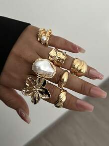 12/7/6/3pcs Set Oversized Textured Floral, Faux Pearl, Asymmetrical Shape, Minimalist Smooth Solid, Colorful Faux Gem, Heart Metal Chunky Rings, Fashion Elegant Vintage Chic Cute Retro Design, Suitable For Holiday, Party, Date, Gift, Daily Wear