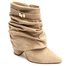 Women's Solid Color Pointed Toe Zipper Mid-Calf Boots With Buckle - Beige - View 2