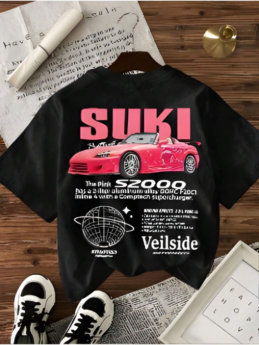 Sports Car - Themed "Suki S2000" Graphic Tee ,Casual Print,Comfortable And Versatile,Letter Pattern Pure Cotton 220g Printed T-Shirt,Unisex Style - 黑色 - 查看 1