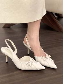 2025秋冬季小众豹纹高跟凉鞋，时尚尖头蝴蝶结装饰鞋，新款夏季设计，优雅女士高跟鞋，优雅猫跟鞋，婚礼服饰 - 白色 - 查看 3