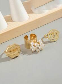 3 stuks vintage spiraalvormige metalen ringen, overdreven lip- en imitatieparelringset, damessieraden voor feesten en cadeaus
