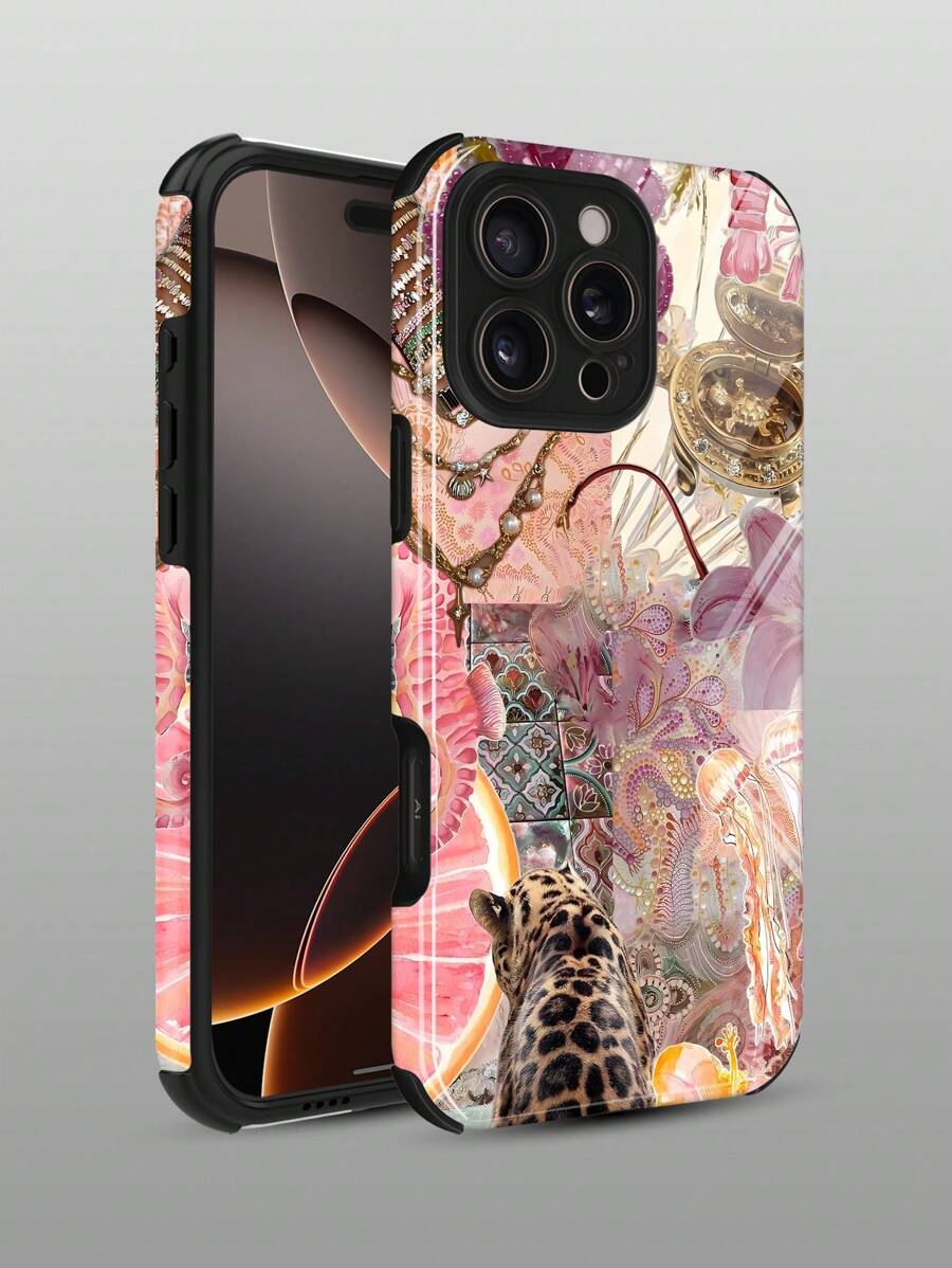 1 pieza Funda de teléfono de material suave TPU + PC 2 en 1, resistente a golpes, antideslizante, con estampado de flores vintage y estampado de leopardo, compatible con Apple 11/12/13/14/15/16/16 Plus/16 Pro/16 Pro Max