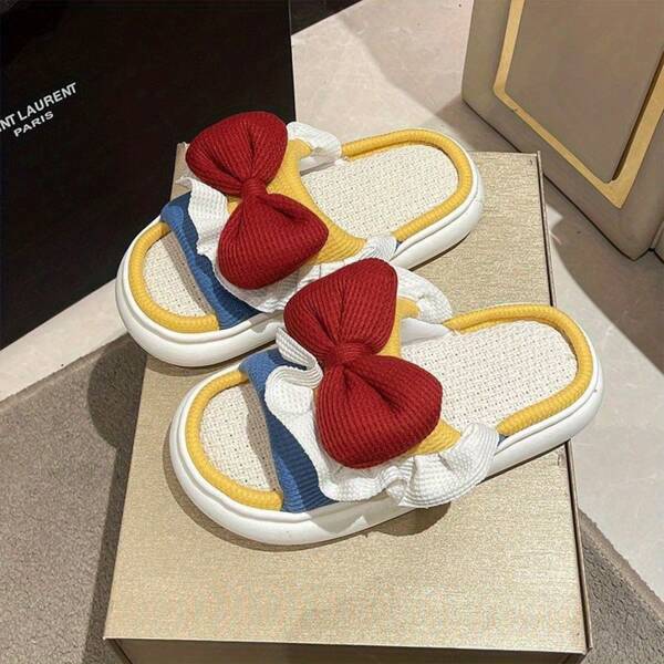 1 Pair Cloth Bow Decorated Elegant Cute Preppy Slide Sandals For Women, Spring & Autumn Home Slippers