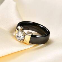 6mm White/Black Ceramic Rings Plus Cubic Zirconia For Women Comfort Fit Engagement Wedding Band Size 5-122025 - Đen và Vàng - Xem 2