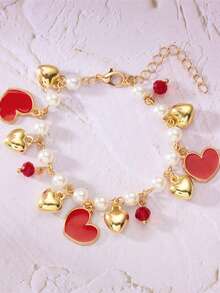 1 件青少年新款珍珠手链可爱百搭樱桃心草莓珍珠水晶手链