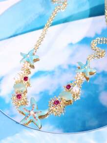 1pc Fashionable, Exquisite, Lively, Creative, Cute, Unique, Shiny Niche Bohemian Style Blue Starfish & Shell Necklace, For Women, Suitable For Summer Beach, Vacation, Daily, Party, Holiday