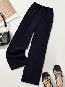 Women's Navy Blue Wide Leg Pants, Elegant Loose Fit Casual Striped Trousers