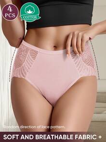 MIOTAN 4pcs/Set Women High Waist Tummy Control Briefs With Lace Patchwork Jacquard Pattern, Soft & Comfortable, Breathable - Multicolor - View 3
