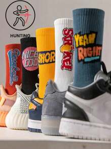 5 Pairs/Set Street Style Men's Mid-Calf Socks, Hip Hop Letter Print Couples Socks, Men's Ins Basketball Socks, Spring/Summer Sports Socks
