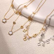1 pieza Collar de acero inoxidable con baño de oro de 18K, diseño hueco de trébol, con conchas y perla, elegante y minimalista, adecuado para fiesta, citas y uso en la oficina