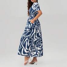 Women Casual Long Dress Smocked Waist Pintucked Hem Side Slant Pockets V-Neck Short Sleeve Flowy Maxi Dresses - Navy Blue - View 4