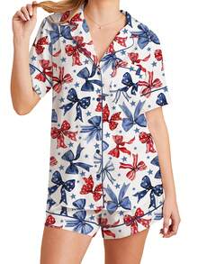 Women 4th Of July Pajama Set American Flag Short Sleeve Button-Up Tops Elastic Waist Shorts 2 Piece Sleepwear Outfit - 藍色 - 查看 9