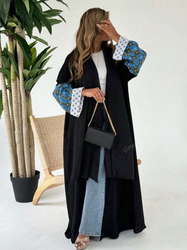 1 Piece Of Women's Elegant Classic Multi-Color Floral Print Plant Pattern Patchwork Sleeve Bohemian Coat Abaya Fashion Retro Arabic Clothing Stylish Elegant Cardigan Open Dress Robe Suitable For Daily Versatile Party Festival Travel