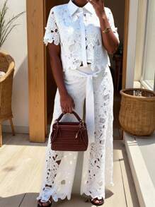 (1piece)Women's Solid-Color Sexy Cut Out Large-Flower Embroidered Lace Up Wide-Leg Pants,Casual Long Pants, No Top,Gothic Style