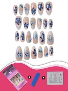 24 件中号杏仁蓝色 3D 花朵按压指甲，法式尖头，优雅渐变裸色假指甲套装，花卉图案和金珠，包含指甲锉和粘性标签，适用于女士派对日常美甲用品