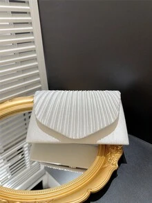 女士经典优雅褶皱设计翻盖晚宴手拿包、正式派对钱包、新娘婚礼信封手提包、适合礼服的链条单肩包 - 白色 - 查看 2