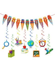 9 piezas de bolsas de dulces de colores, guirnalda y decoraciones de remolinos para volver a la escuela, remolinos colgantes de manzana, lápiz, papel, suministros para decorar la pared del aula, decoración para la fiesta del primer día de escuela