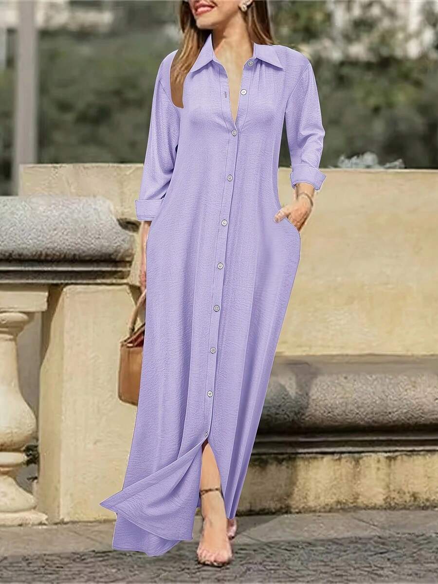 Casual Solid Color Shirt Dress - Purple - View 1