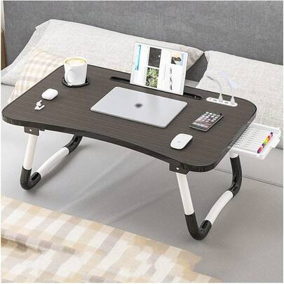Comfortable Curved Laptop Stand Bed Desk,Cup Holder/Card Slot/Drawer/Folding Leg Portable Bed Tray Table, Dining Writing Game Write
