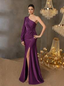 Elisanya 奢华不对称肩部晚礼服，搭配夸张灯笼袖和高开衩设计——优雅的拖地长礼服，侧腰扭动，飘逸廓形，适合晚会、红毯活动、正式婚礼、颁奖典礼和高档慈善晚会 | 结构化设计，永恒优雅，量身定制的场合服装 - 紫色 - 查看 7