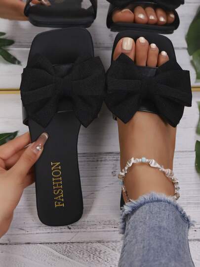 2024 Summer New Fashion Bowknot Large Size Beach Slippers For Women, Soft-Sole Valentines