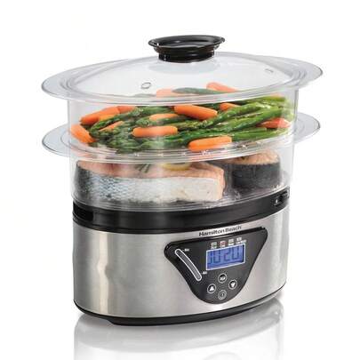 Vaporera de alimentos digital Hamilton Beach 37530Z para cocina saludable multifunción cocción electrónica utensilios moderna preparación verduras carnes pescado temporizador vaporera resistente práctica de limpieza fácil electrodoméstico calidad