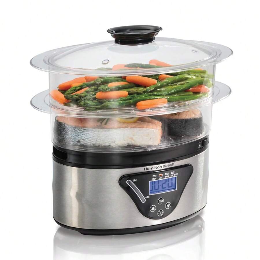 Vaporera de alimentos digital Hamilton Beach 37530Z para cocina saludable multifunción cocción electrónica utensilios moderna preparación verduras carnes pescado temporizador vaporera resistente práctica de limpieza fácil electrodoméstico calidad - Gris - Ver 1