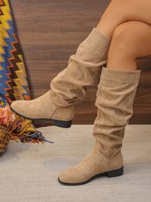 Plus Size Western Style Knee High Boots, Okrągły Nosek Płaski Obcas Jednolity Kolor Wciągane Buty Do Połowy Łydki, Składane Wysokie Buty Na Obcasie Klockowym, Oversized Warm Lining Snow Boots