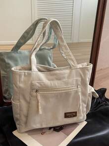 简约多口袋大容量托特包，纯色单肩复古大号灯芯绒单肩包，适合秋冬通勤上班，休闲挎包手提包时尚流浪汉购物袋，适合女性节日礼物 - 黑色 - 查看 4