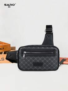 Men's Diagonal Shoulder Bag, Vintage Print, Side Pocket, Messenger Bag, Chest Bag, Waist Bag, Multipurpose, Suitable For Commuting & Leisure, Minimalist Style, Black, Great Gift For Boyfriends, Fashionable