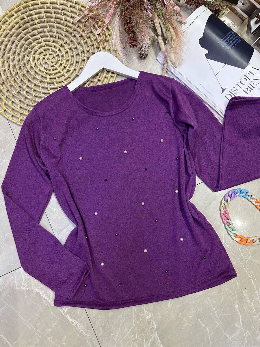 Long Sleeve Blouse In Soft Fabric With Rhinestones - Rusty Rose - View 1
