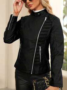 Oblique Zipper Biker Jacket - Black - View 6