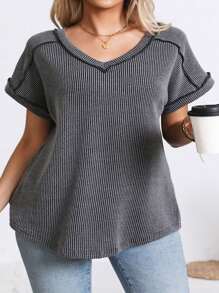 Plus Size Women's Summer Tops V Neck T-Shirt Ribbed Cap Short Sleeve Casual Blouse