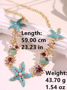 1pc Fashionable, Exquisite, Lively, Creative, Cute, Unique, Shiny Niche Bohemian Style Blue Starfish & Shell Necklace, For Women, Suitable For Summer Beach, Vacation, Daily, Party, Holiday