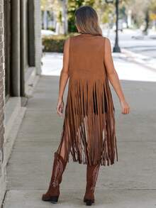 SHEIN LUNE 秋冬无袖长款黑色流苏波西米亚风格休闲夹克女式西部上衣 - 黑色 - 查看 5