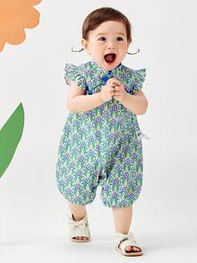 mini bala Girls' Chinese Cheongsam Romper – Flutter Sleeve & Egg Shape – Summer Outfit