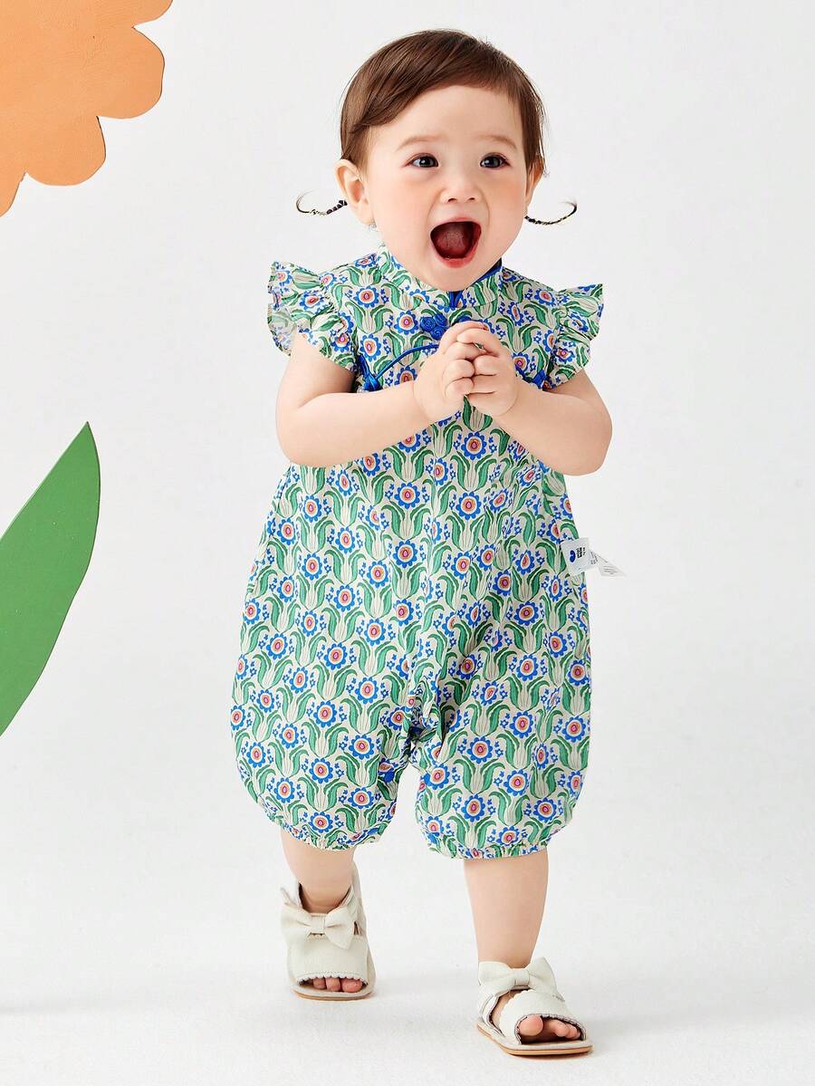 mini bala Girls' Chinese Cheongsam Romper – Flutter Sleeve & Egg Shape – Summer Outfit