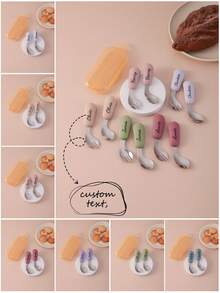 2件装个性定制名字儿童不锈钢硅胶叉勺便携餐具弯曲餐具定制儿童食物配件