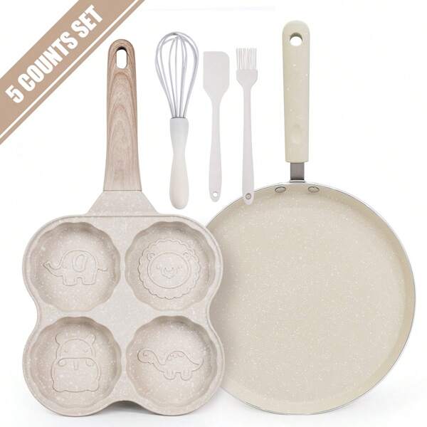Conjunto de Café da Manhã Antiaderente - Kit com 5 Peças incluindo Frigideira para Crepe, Frigideira para Ovos, Utensílios de Cozinha e Espátula/Batedor de Silicone para um Cozimento Fofo pela Manhã