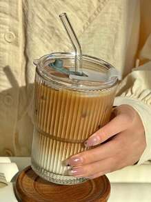 1 Striped Cup With Straw And Lid - 13.5oz/400ml, Visually Appealing Glass Cup, Heat-Resistant, Suitable For Coffee, Tea, Milk, Iced American Drinks, Dairy Drinks, Simple Drinking Cup, Christmas, Thanksgiving, Mother's Day.